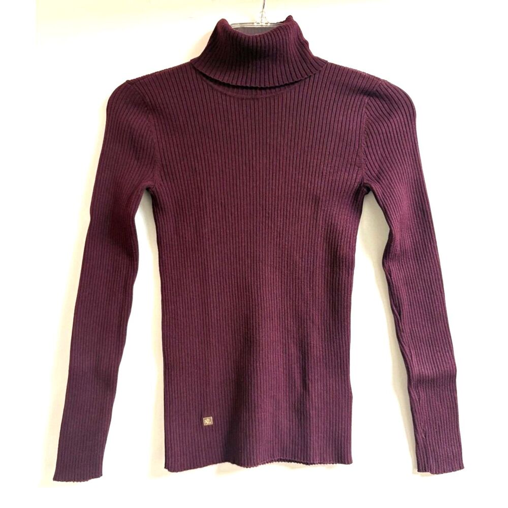 Lauren Ralph Lauren Turtleneck Sweater Burgundy Cotton Modal Nylon Ribbed Top XS - Picture 2 of 8